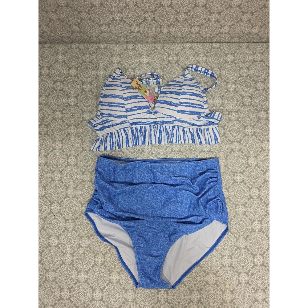 Blue Stripe High Waist Two Piece Bikini Set Swimsuit Beach Summer Small